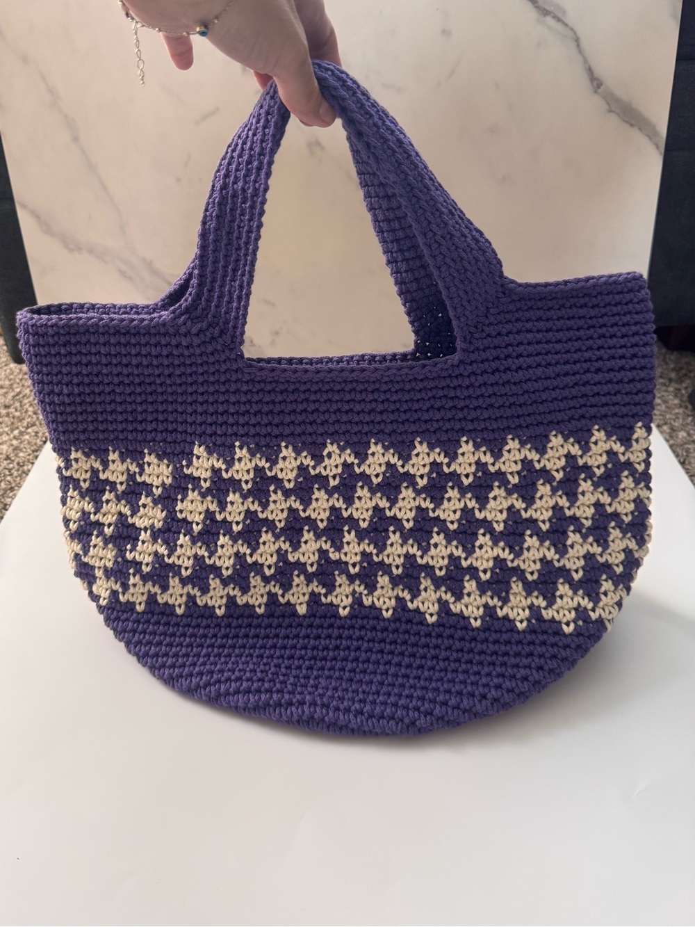 Purple Crochet Tote Bag with White Pattern